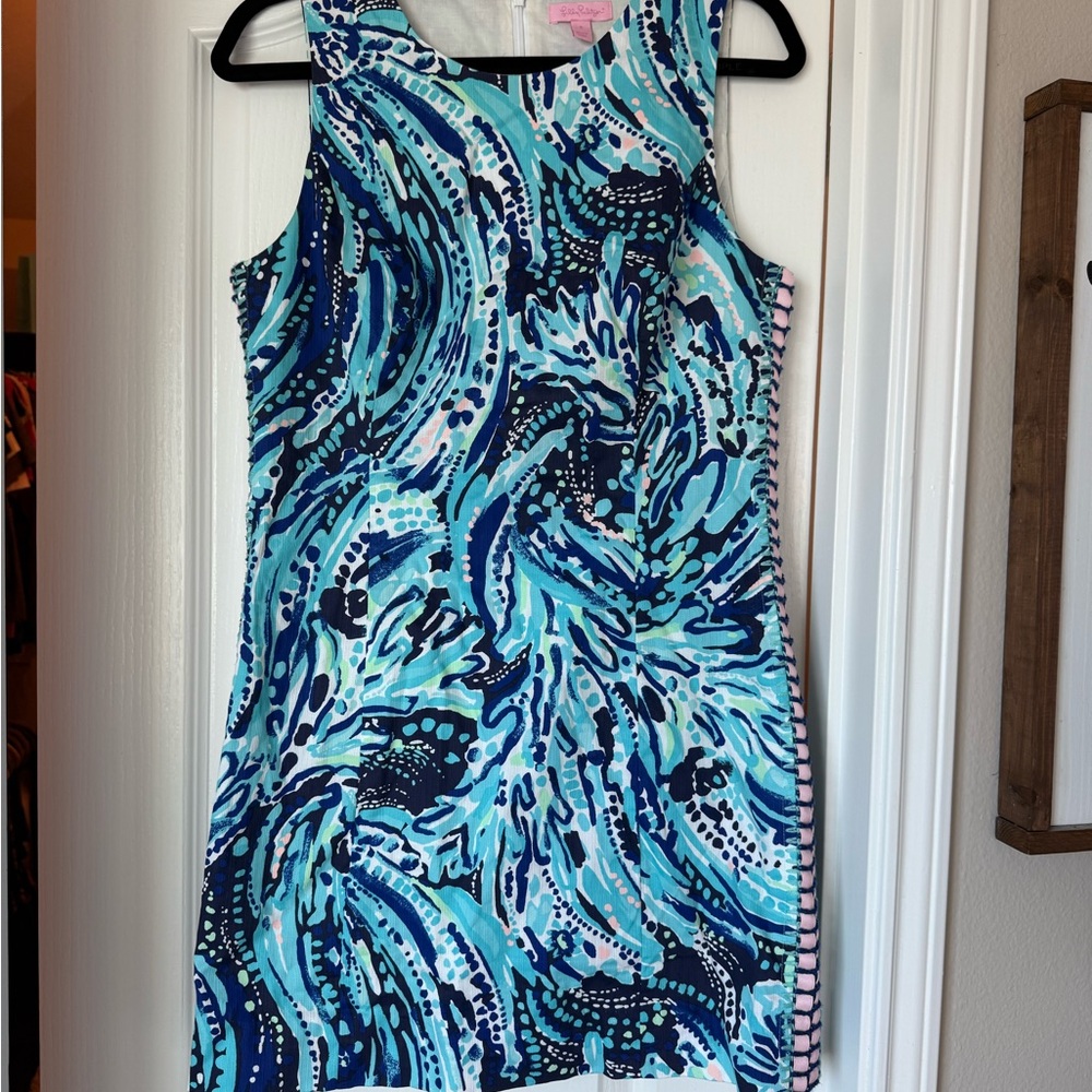 Lilly Pulitzer Mila Shift Dress Navy Crash the Bash sz 8 Cotton Waves Ribbon